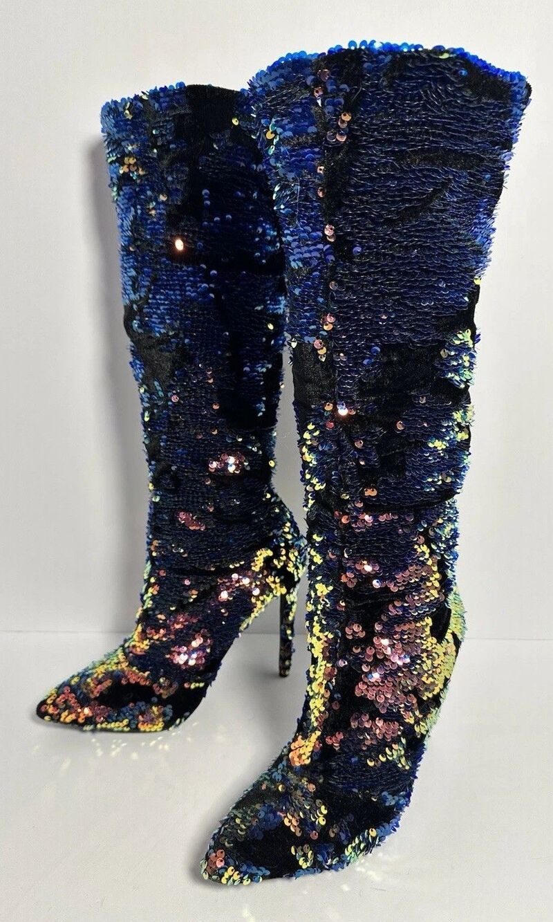 Iridescent Sequin Knee High Boots Blue Multicolor Stiletto Glam Pointed Toe Sz 9